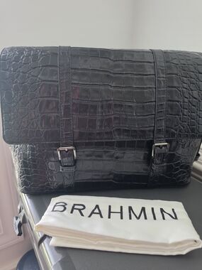 Brahmin Black Croc-Embossed Leather Messenger Bag